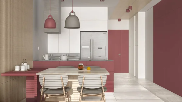 Cozinha Moderna Com Sala Jantar Tons Vermelhos Detalhes Parede Madeira — Fotografia de Stock