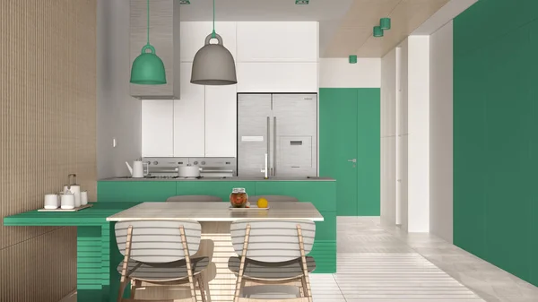 Cozinha Moderna Com Sala Jantar Tons Turquesa Detalhes Parede Madeira — Fotografia de Stock