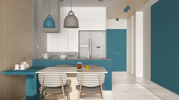 Moderní Kuchyň Jídelnou Modrých Tónech Dřevěné Stěny Detaily Stůl Židlemi — Stock fotografie