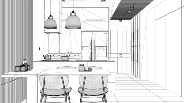 Σχέδιο Πρότζεκτ Σχέδιο Σύγχρονης Κουζίνας Τραπεζαρία Και Ξύλινες Λεπτομέρειες Τοίχου — Φωτογραφία Αρχείου