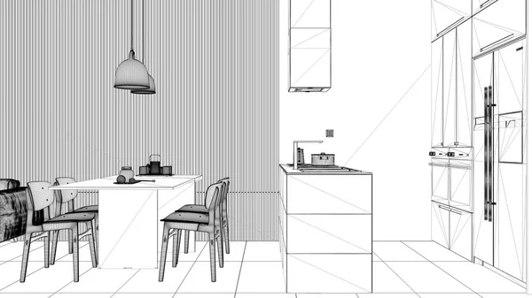Ahşap Duvar Detaylarıyla Modern Oturma Odasının Taslağı Kanepe Sandalyeli Yemek — Stok fotoğraf