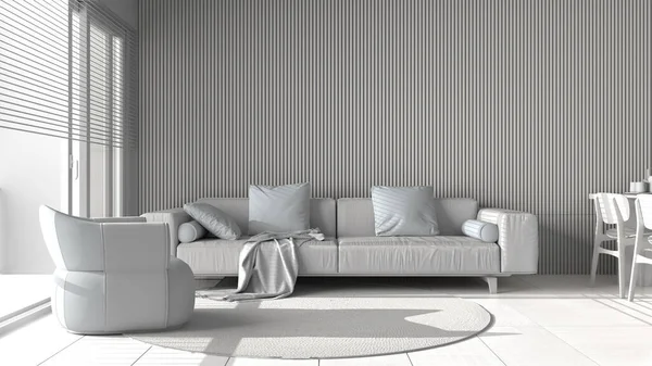 Total White Project Modern Living Room Wooden Wall Details Sofa — Stock Photo, Image