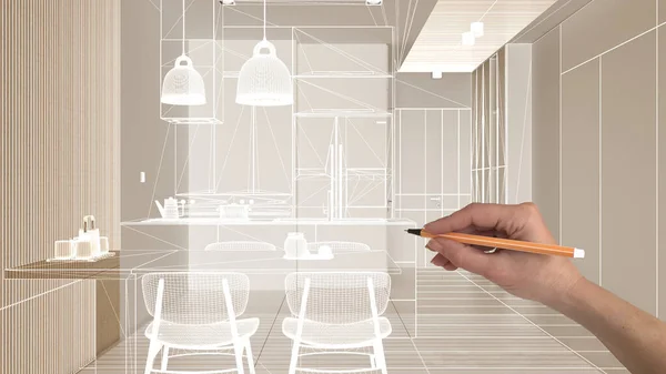 空旷的白色内饰 大理石瓷砖地板 手绘定制建筑设计 白墨水草图 展示现代客厅和餐厅的蓝图 — 图库照片