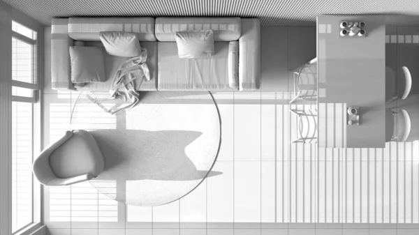 Общий Белый Проект Современной Гостиной Диваном Обеденный Стол Стульями Кухня — стоковое фото