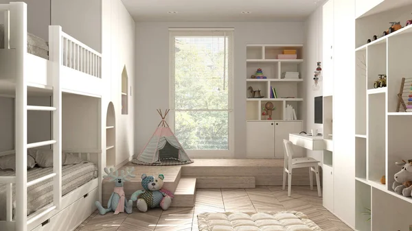 白いパステル調のトーンのモダンなミニマリストの子供の寝室 ハーリンボーンの寄木細工の床 二段ベッド おもちゃ 人形や装飾品のキャビネット 柔らかいカーペット ティーピー インテリアデザインのコンセプトアイデア — ストック写真