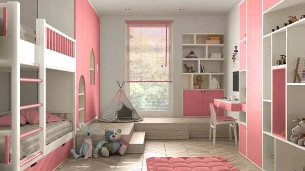 Μοντέρνο Μινιμαλιστικό Παιδικό Υπνοδωμάτιο Ροζ Παστέλ Αποχρώσεις Παρκέ Δάπεδο Ψαροκόκαλο — Φωτογραφία Αρχείου