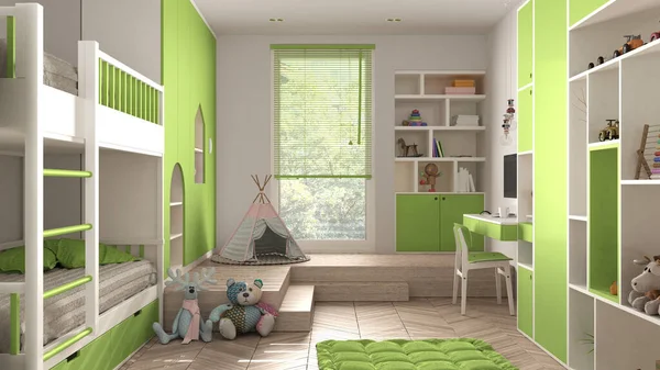 緑のパステルトーンの現代的なミニマリストの子供の寝室 ハーリンボーンの寄木細工の床 二段ベッド おもちゃ 人形や装飾品のキャビネット 柔らかいカーペット ティーピー インテリアデザインのコンセプトアイデア — ストック写真