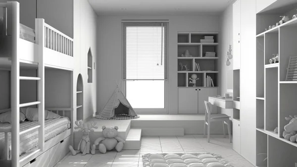 Całkowity Biały Projekt Nowoczesnej Minimalistycznej Sypialni Dziecięcej Podłogi Parkietowej Śledziony — Zdjęcie stockowe