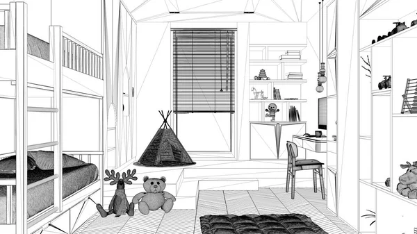 Modern minimalist çocukların yatak odası, ringa kemiği parke döşemesi, ranza, oyuncaklı dolaplar, kuklalar ve dekorlar, halı, çadır, iç tasarım fikri