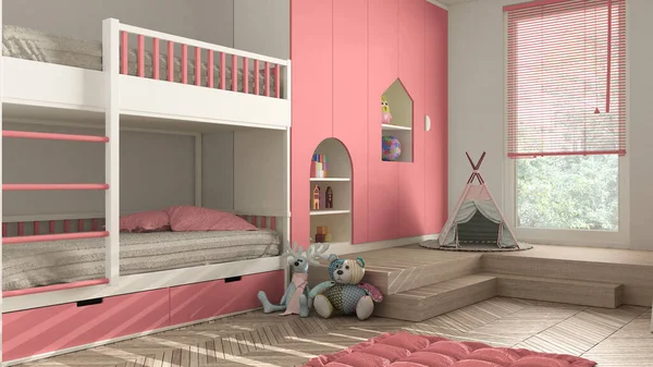 Quarto Infantil Minimalista Moderno Tons Pastel Rosa Piso Parquet Espinha — Fotografia de Stock