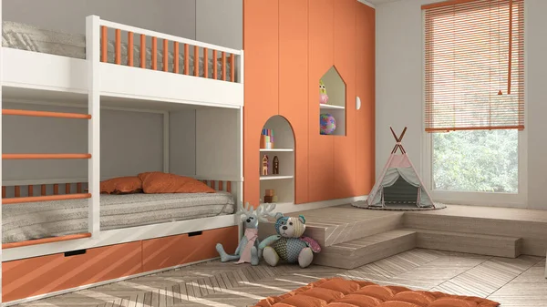 オレンジ色のパステルトーン 寄木細工の床 二段ベッド おもちゃ 人形や装飾が施されたキャビネット 柔らかいカーペット ティーピー インテリアデザインのコンセプトアイデア — ストック写真