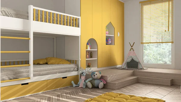 黄色のパステルトーン 寄木細工の床 二段ベッド おもちゃ 人形や装飾品のキャビネット 柔らかいカーペット ティーピー インテリアデザインコンセプトのアイデアで現代のミニマリストの子供の寝室 — ストック写真