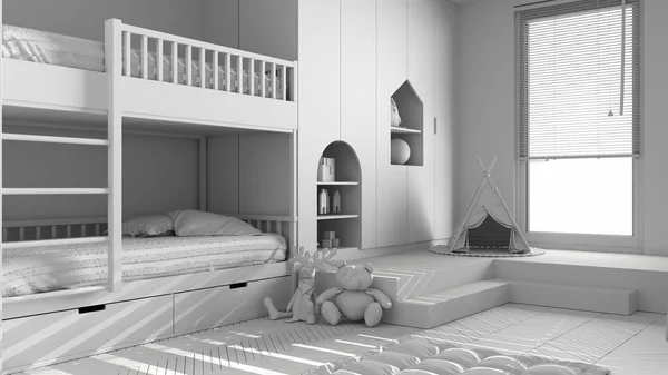 Proyecto Blanco Total Dormitorio Minimalista Moderno Para Niños Suelo Parquet — Foto de Stock