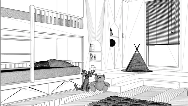 Proyecto Anteproyecto Dormitorio Minimalista Moderno Para Niños Suelo Parquet Espiga —  Fotos de Stock