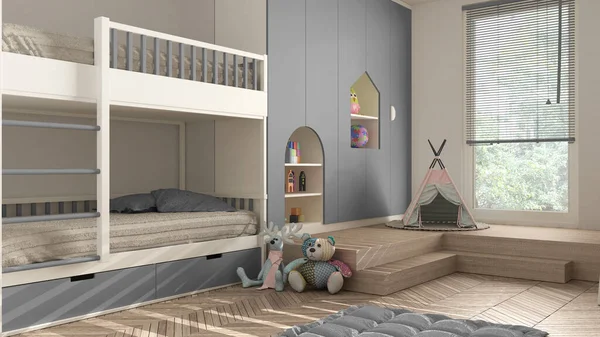 Modern Minimalist Children Bedroom Gray Pastel Tones Herringbone Parquet Floor — Stock Photo, Image