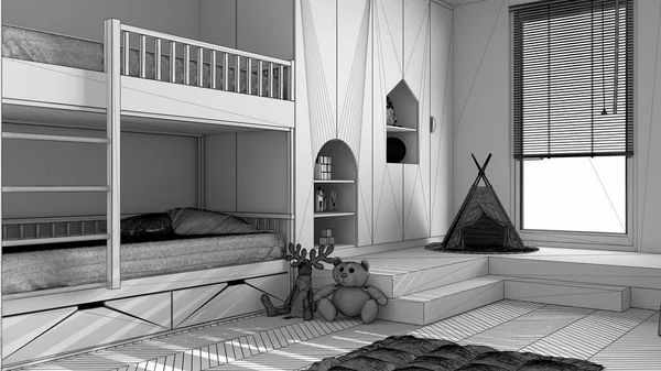 Nieukończony Projekt Nowoczesnej Minimalistycznej Sypialni Dziecięcej Podłogi Parkietu Jodełkowego Łóżka — Zdjęcie stockowe
