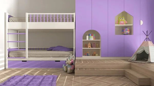 Modern Minimalist Children Bedroom Purple Pastel Tones Parquet Floor Bunk — Stock Photo, Image