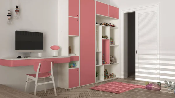 Modern Minimalist Children Bedroom Pink Pastel Tones Herringbone Parquet Floor — Stock Photo, Image