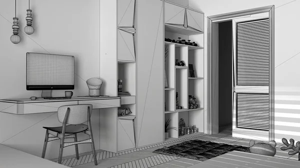 現代のミニマリストの子供のベッドルーム ハーリンボーンの寄木細工の床 デスクトップ付きの机 おもちゃや装飾付きのキャビネット 柔らかいカーペット インテリアデザインの概念のアイデアの未完成のプロジェクト — ストック写真