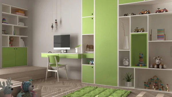 Moderno Dormitorio Minimalista Para Niños Tonos Pastel Amarillos Suelo Parquet —  Fotos de Stock