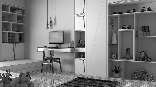 Unfinished Project Modern Minimalist Children Bedroom Herringbone Parquet Floor Desk — Stock Photo, Image