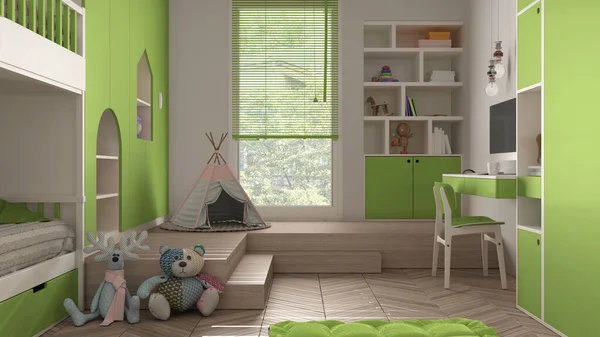 Modern minimalist children bedroom in green pastel tones, herringbone parquet floor, bunk bed, cabinets with toys, puppets and decors, soft carpet, tepee, interior design concept idea