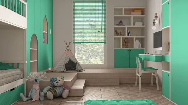 Moderne Minimalistische Kinderslaapkamer Turquoise Pasteltinten Parketvloer Stapelbed Kasten Met Speelgoed — Stockfoto