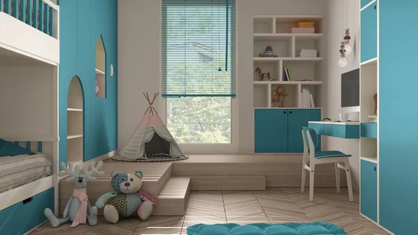 Moderne Minimalistiske Børn Soveværelse Blå Pastelfarver Sildeben Parketgulv Køjeseng Skabe - Stock-foto