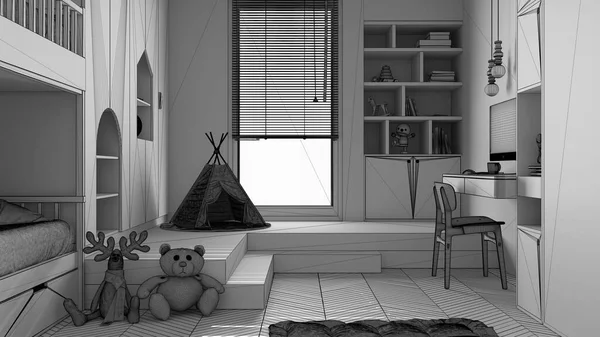 现代简约儿童卧室 鲱鱼窝地板 双层床 玩具橱柜 木偶和装饰品 室内设计理念的未完成项目 — 图库照片
