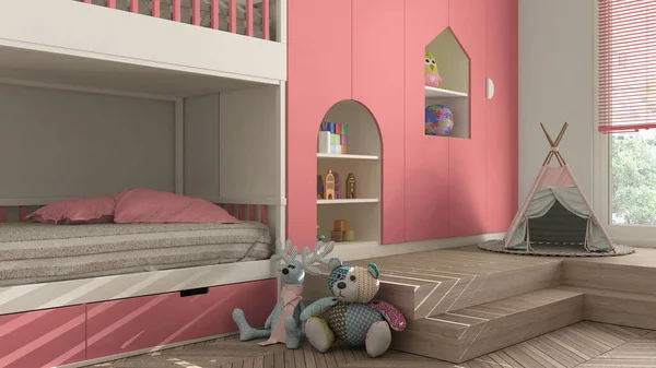 ピンクのパステルトーンのモダンなミニマリストの子供たちの寝室 ハーリンボーンの寄木細工の床 二段ベッド おもちゃ 人形や装飾品のキャビネット 柔らかいカーペット ティーピー インテリアデザインのコンセプトアイデア — ストック写真