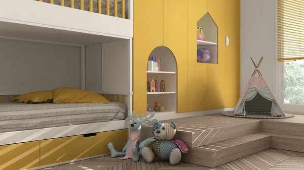 Сучасна Мінімалістична Дитяча Спальня Жовтих Пастельних Тонах Паркетна Підлога Двоярусне — стокове фото