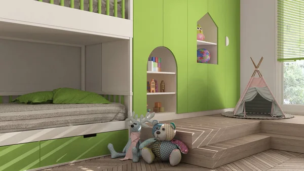 緑のパステルトーンの現代的なミニマリストの子供の寝室 ハーリンボーンの寄木細工の床 二段ベッド おもちゃ 人形や装飾品のキャビネット 柔らかいカーペット ティーピー インテリアデザインのコンセプトアイデア — ストック写真