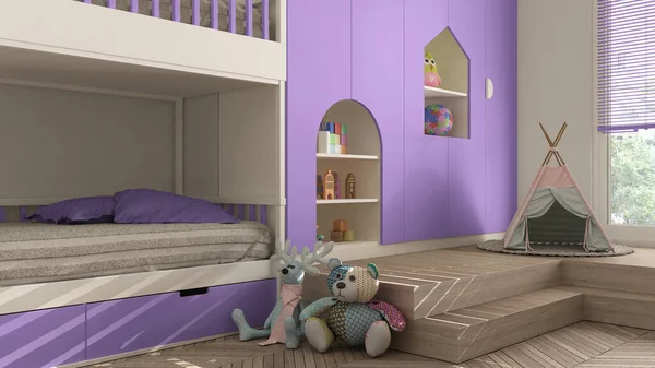 紫のパステルトーン 寄木細工の床 二段ベッド おもちゃ 人形や装飾品のキャビネット 柔らかいカーペット ティーピー インテリアデザインコンセプトのアイデアで現代のミニマリストの子供の寝室 — ストック写真