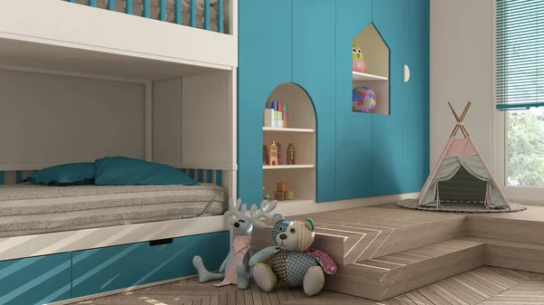 現代のミニマリストの子供のベッドルームブルーパステルトーン ハーリンボーンパケットフロア 二段ベッド おもちゃ 人形や装飾品のキャビネット 柔らかいカーペット ティーピー インテリアデザインのコンセプトアイデア — ストック写真