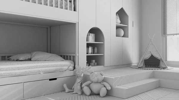 Proyecto Blanco Total Dormitorio Minimalista Moderno Para Niños Suelo Parquet — Foto de Stock