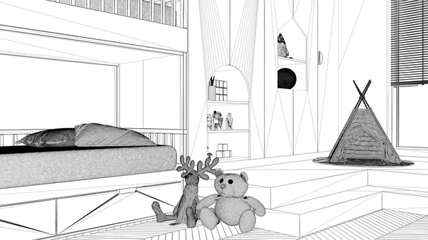Незавершенный Проект Современной Детской Спальни Стиле Минимализма Паркетный Пол Двухъярусная — стоковое фото