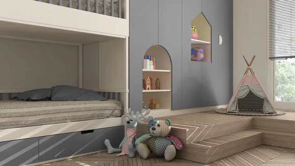 Сучасна Мінімалістична Дитяча Спальня Сірих Пастельних Тонах Паркетна Підлога Оселедця — стокове фото