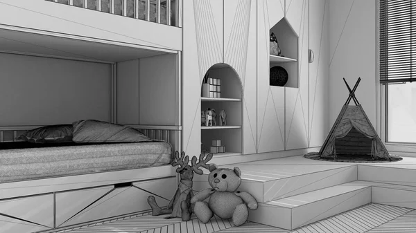 Unfinished Project Modern Minimalist Children Bedroom Herringbone Parquet Floors Κουκέτα — Φωτογραφία Αρχείου