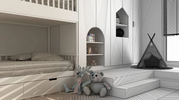 Architect interior designer concept: unfinished project that becomes real, minimalist children bedroom, parquet floor, bunk bed, cabinets with toys and decors, design concept idea