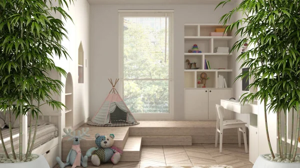 Zen Interior With Potted Bamboo Plant Natural Interior Design Concept Modern Minimalist Children Bedroom Oak Parquet Floor Bunk Bed Cabinet With Toys Interior Design Idea Stock Images Page Everypixel