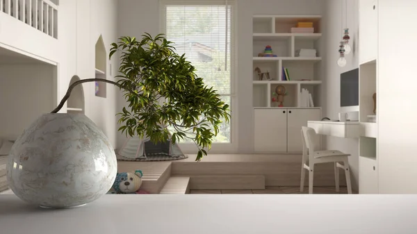 White Mat Table Shelf Marble Vase Potted Bonsai Green Leaves — Stock Photo, Image