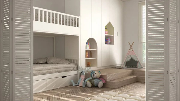 Porte Pliante Blanche Ouvrant Sur Chambre Enfant Moderne Avec Lit — Photo