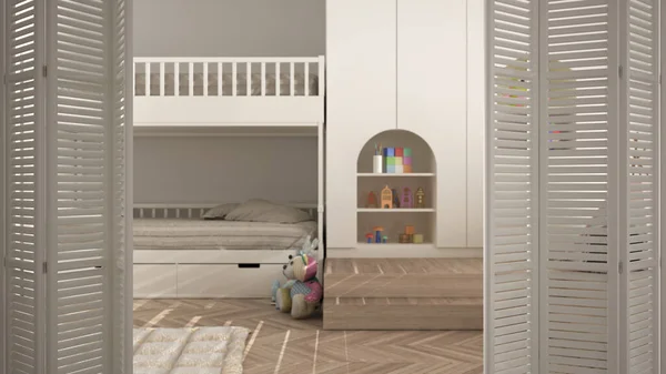 White folding door opening on modern children bedroom with bunk bed, window, toys and puppets, herringbone parquet, interior design, architect designer concept, blur background