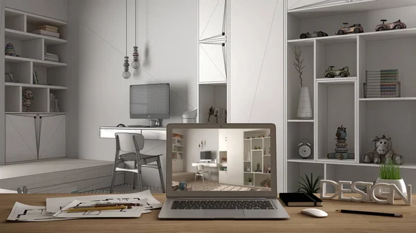 Architect Designer Desktop Concept Laptop Wooden Work Desk Screen Showing — Stock Photo, Image