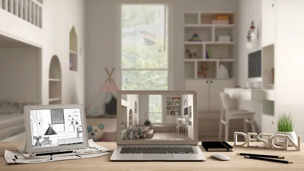 Arquitecto Diseñador Concepto Escritorio Portátil Tableta Escritorio Madera Con Pantalla —  Fotos de Stock