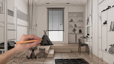 Ringbone meşe parke zeminli içi boş, el yapımı mimari tasarımı, siyah mürekkep çizimi, modern çocukların yatak odasını gösteren plan, konsept, model, fikir.