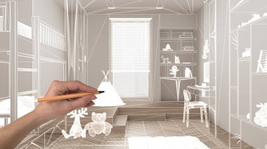Herringbone meşe parke zeminli içi boş, el yapımı mimari tasarımı, beyaz mürekkep çizimi, modern çocukların yatak odasını gösteren plan, konsept, model, fikir.