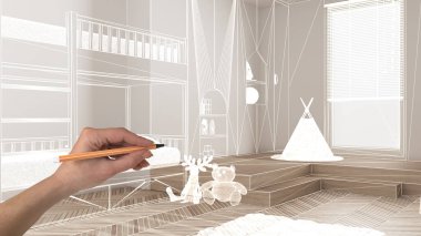 Herringbone meşe parke zeminli içi boş, el yapımı mimari tasarımı, beyaz mürekkep çizimi, modern çocukların yatak odasını gösteren plan, konsept, model, fikir.