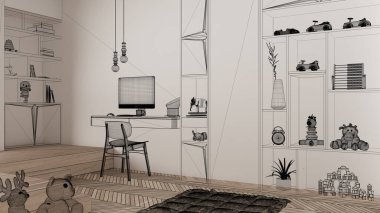 Beyaz duvarları ve herringbone parke ahşap zemin, özel mimari tasarım projesi, siyah mürekkep çizimi, çocukların yatak odasını ve mimarisini gösteren plan.