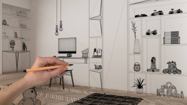 Ringbone meşe parke zeminli içi boş, el yapımı mimari tasarımı, siyah mürekkep çizimi, modern çocukların yatak odasını gösteren plan, konsept, model, fikir.